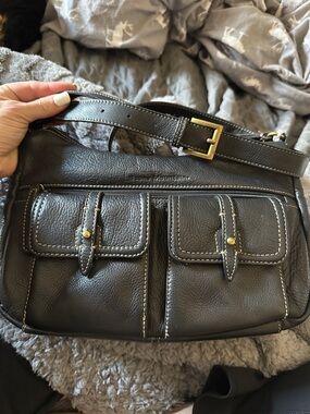Stone Mountain Black Pebbled Leather Crossbody with Dual Front Pockets